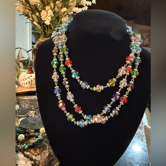 Shiny Festive Long Doubling Crystal Beaded Necklace Light Reflecting - Picture 4 of 7